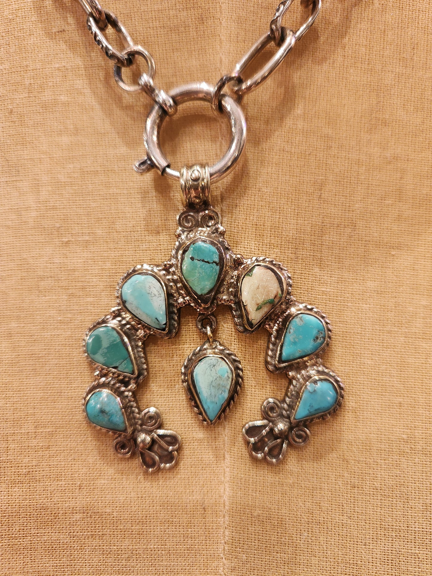 OOAK Vintage Sterling Plated Chain with Turquoise Squash Blossom