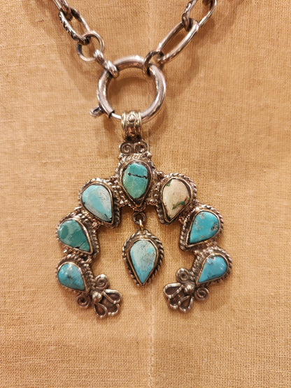 OOAK Vintage Sterling Plated Chain with Turquoise Squash Blossom