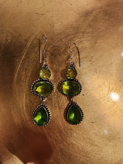 Green Gemstone Trio Dangle Earrings