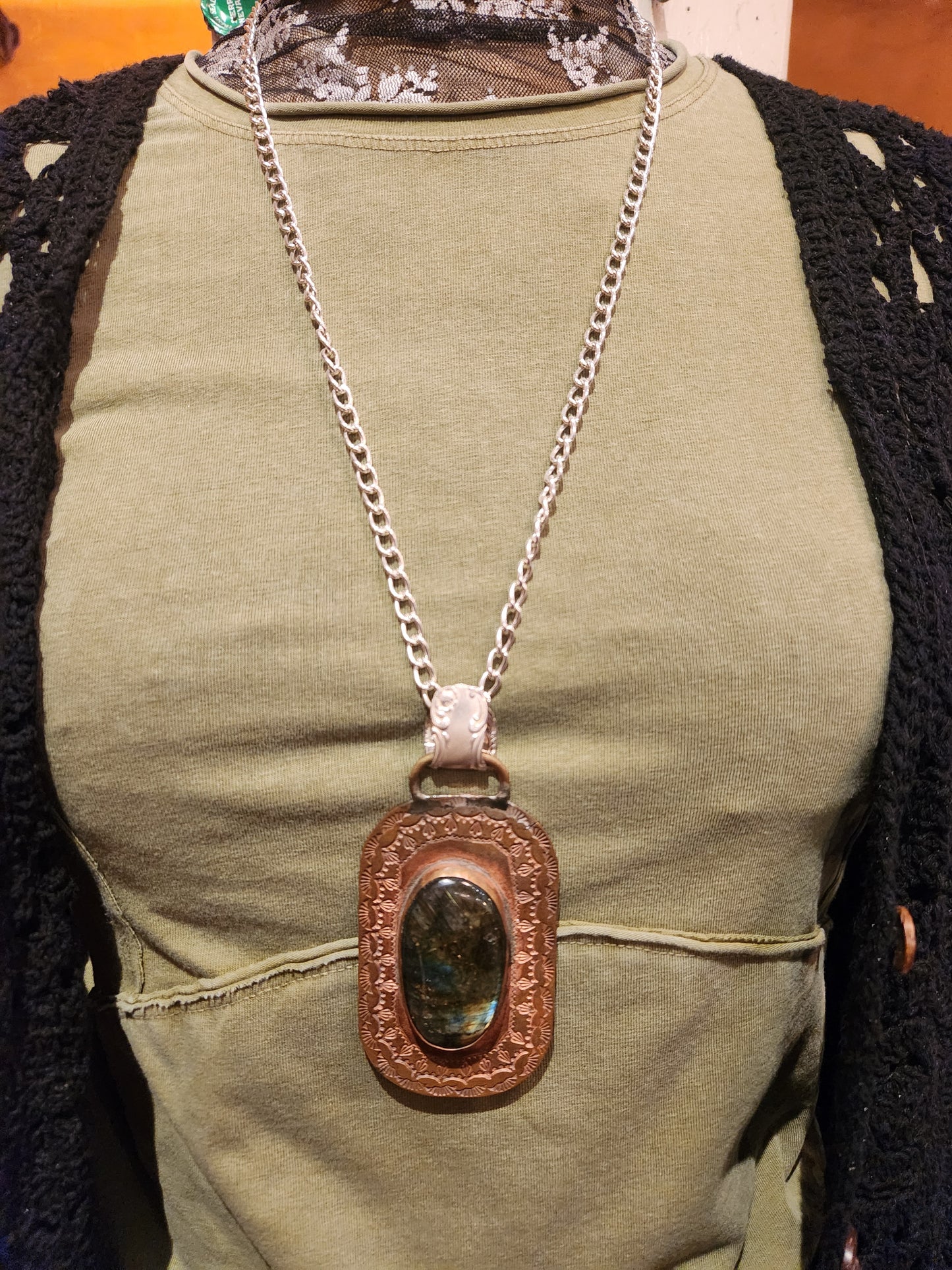 Stamped Vintage Metal & Labradorite Statement Pendant