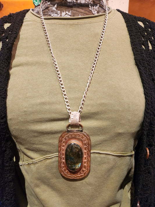 Stamped Vintage Metal & Labradorite Statement Pendant
