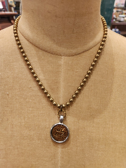 Mixed Metal Medallion Plated Necklace Vintage Reproduction - Gold with Silver Edge