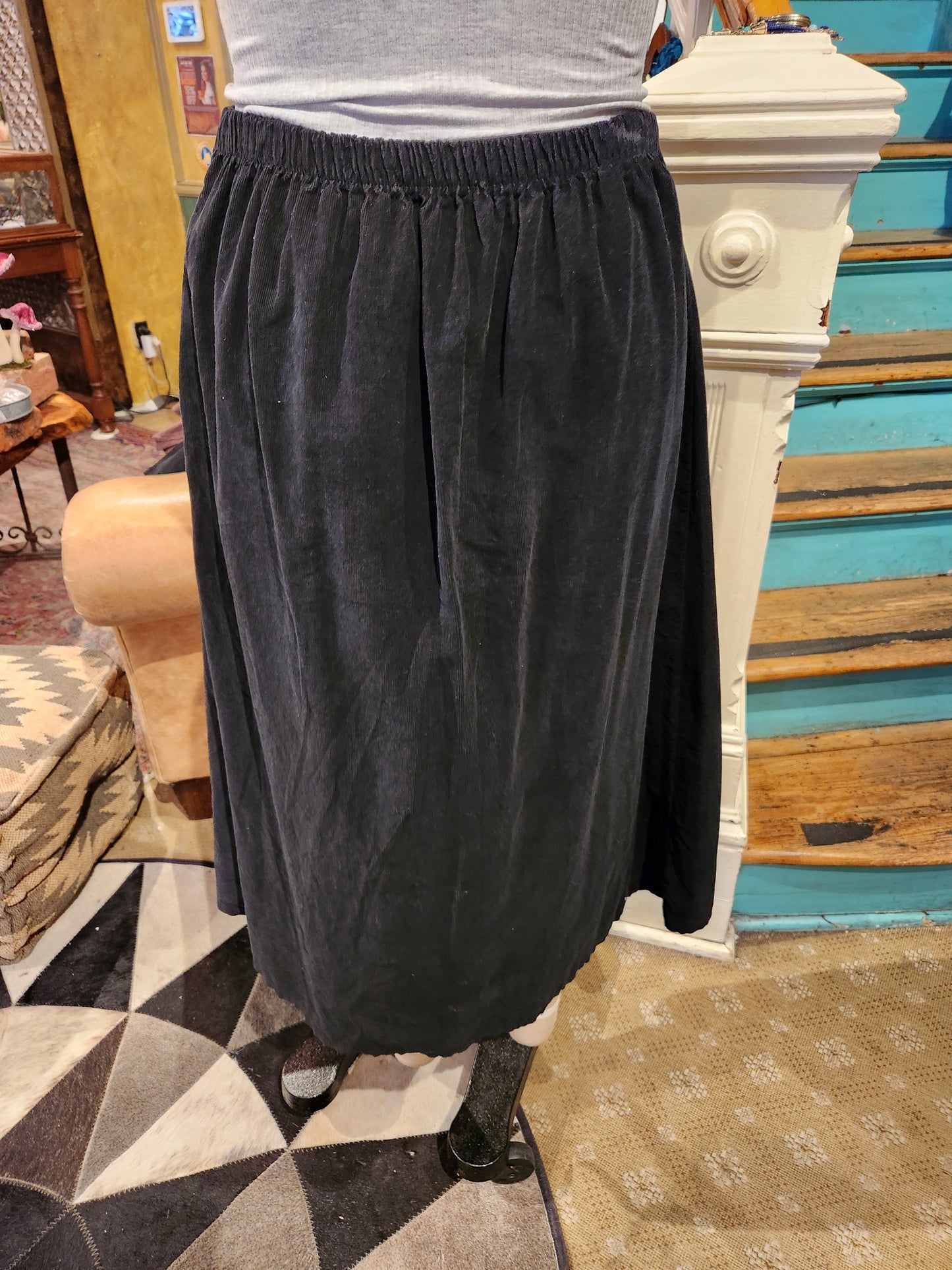 Corduroy Button Accent Skirt - Black