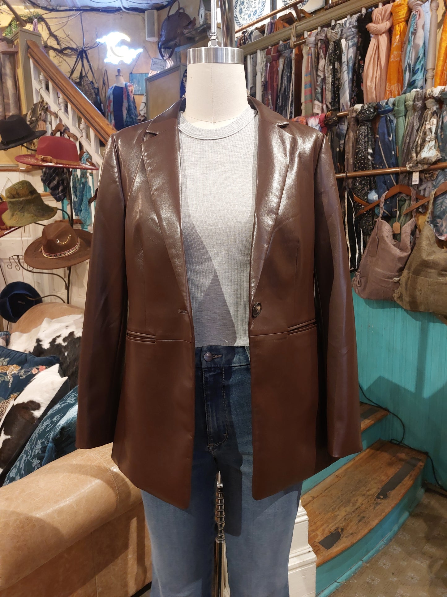 Faux Leather Blazer - Cabernet