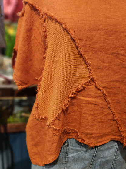 Wide Neck Frayed Linen Top