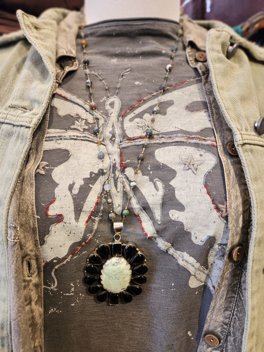 Obsidian and Green Kammererite Pendant with Beaded Chain