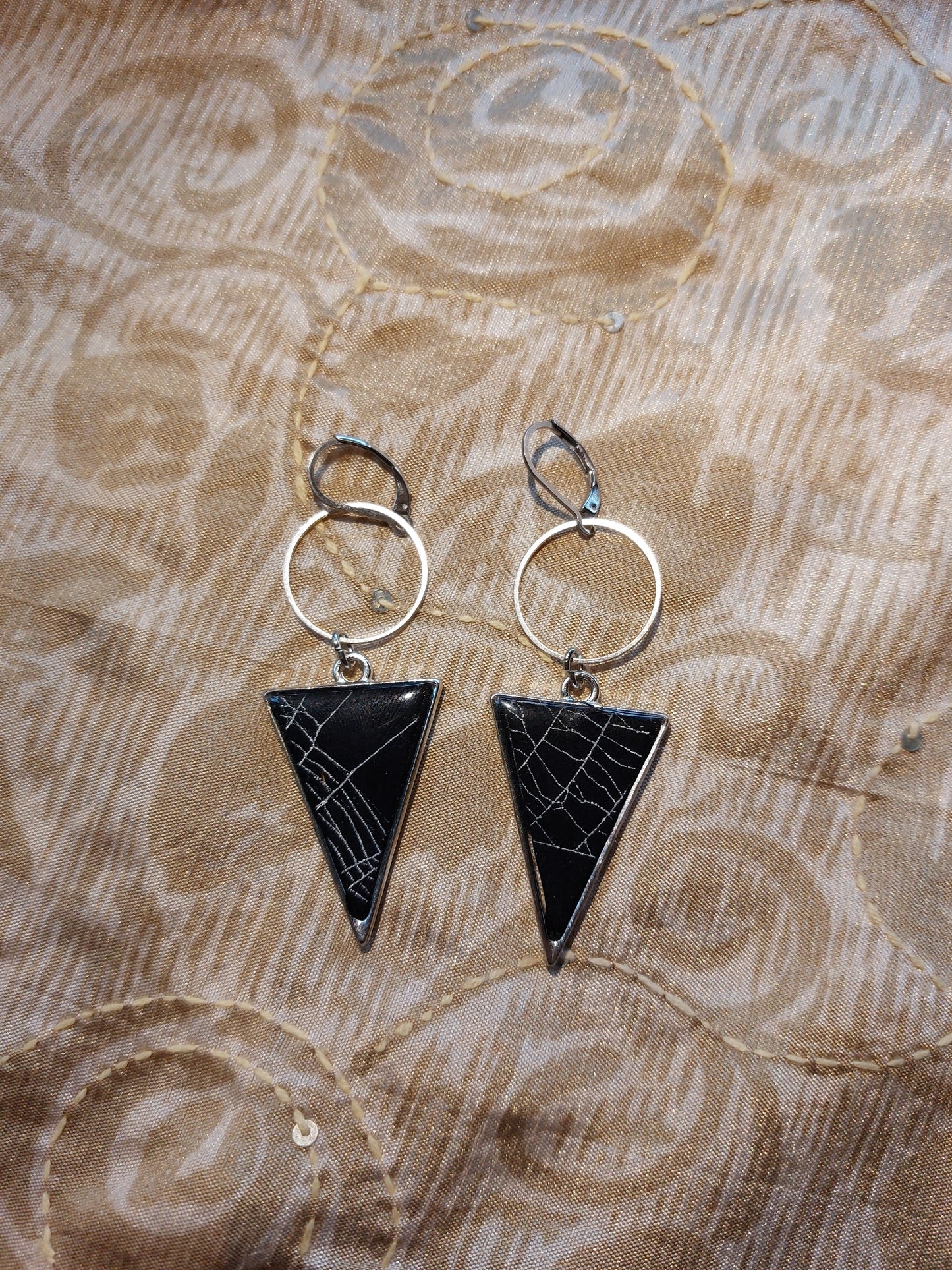 Real Spiderweb Silver tone Triangle Earrings - B