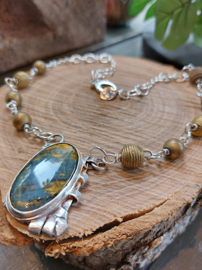 Fine Silver Pietersite W/ Brass African Beads Chain Necklace *425N-6