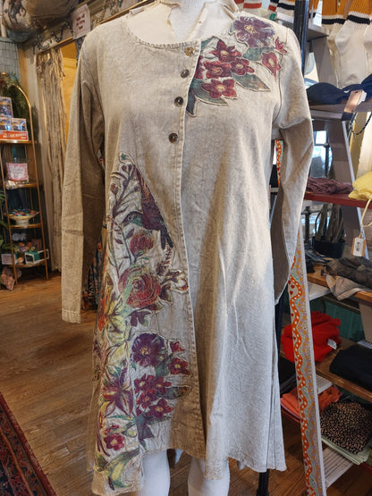Khaki Asymmetric Jacket w/ Floral appliques