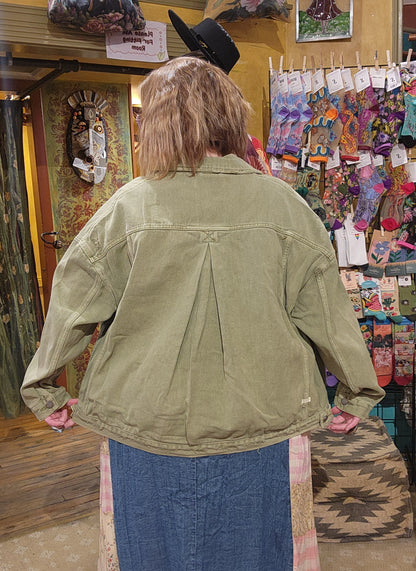 Curve Pleated Back Denim Jacket - Olive