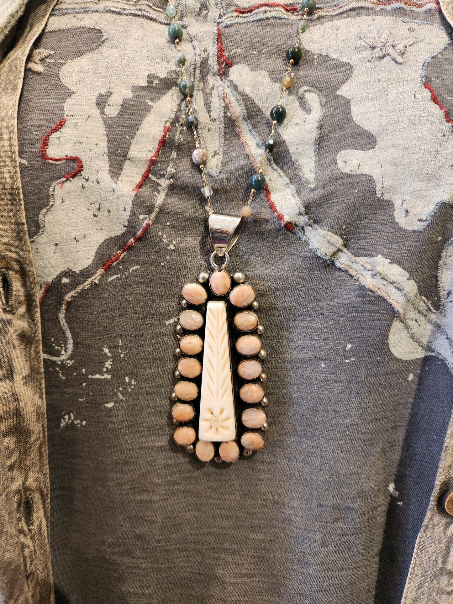 Carved Bone Pendant with Beaded Chain
