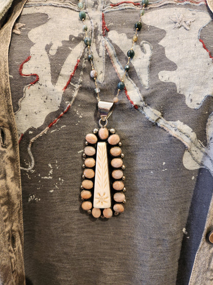 Carved Bone Pendant with Beaded Chain