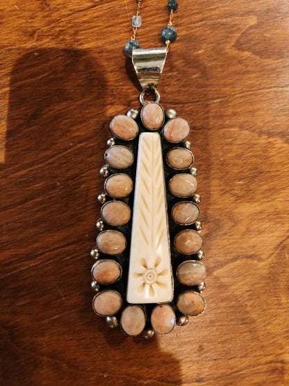 Carved Bone Pendant with Beaded Chain