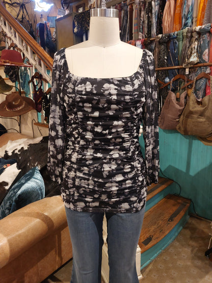 Square Neck Mesh Ruched Top - Black