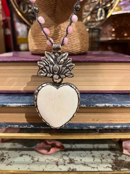 Pink Opal and Carved Bone Heart Necklace