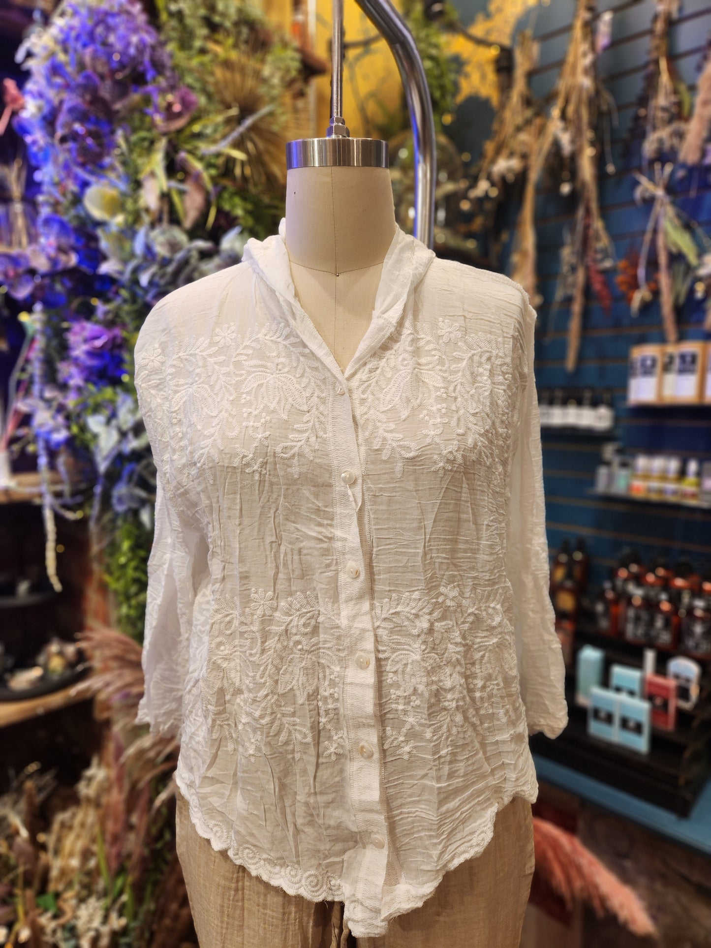 Embroidered Lace Button Up Blouse - One Size