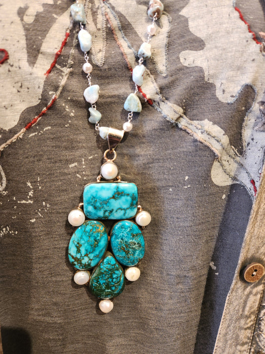 Turquoise Statement Pendant with Larimar Beaded Chain
