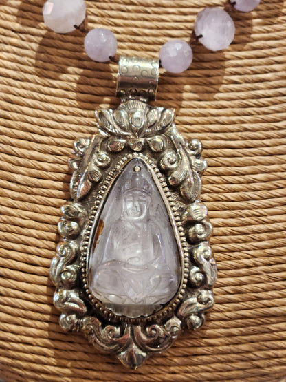 Quartz Carved Buddha Pendant with Rose Quartz Beaded Necklace