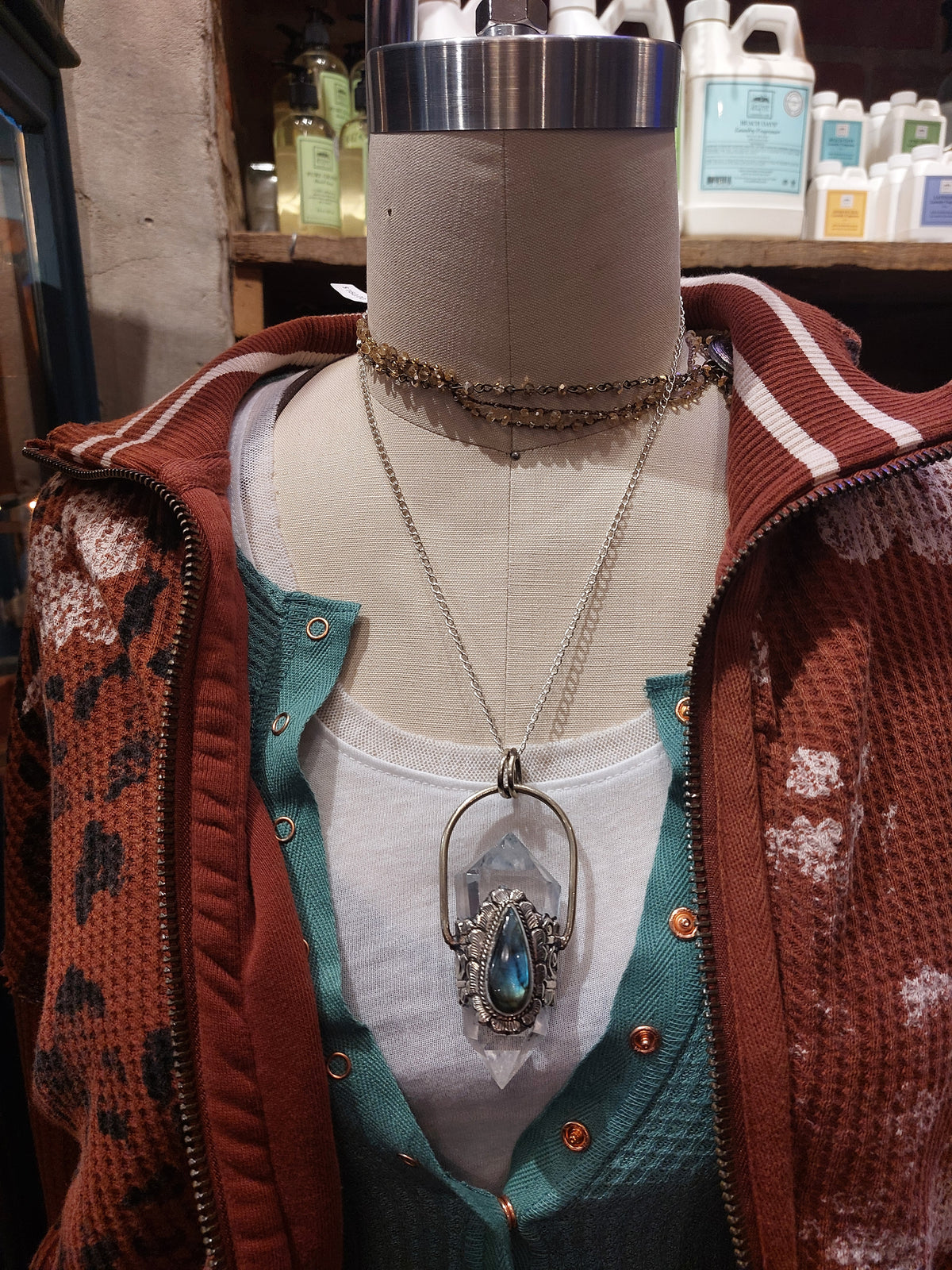 Crystal and Teardrop Labradorite Drop Pendant with Chain