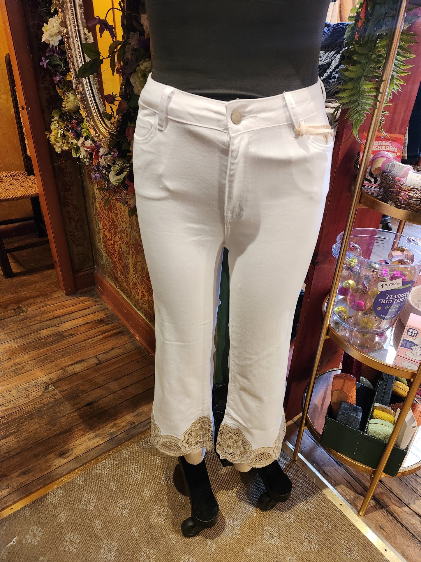 Denim Flare Pants with Lace at Hem