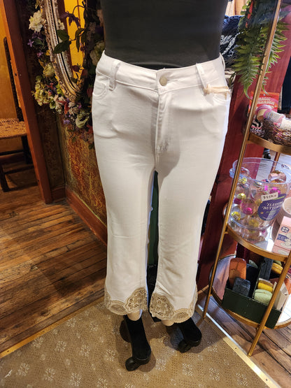 Denim Flare Pants with Lace at Hem