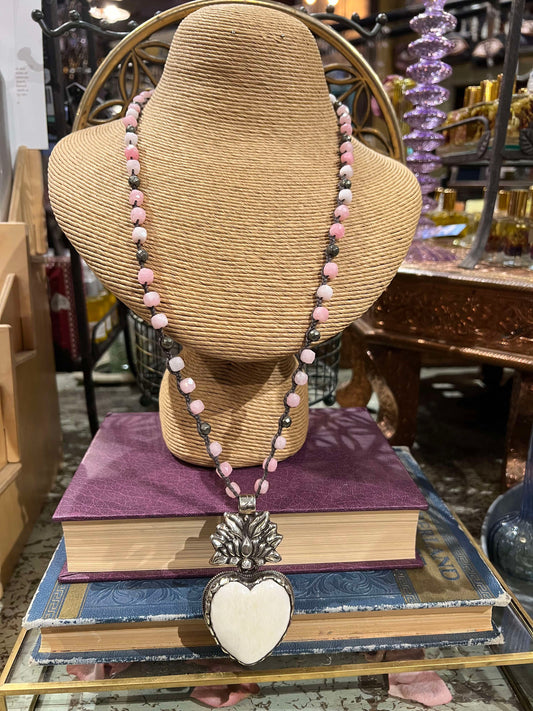 Pink Opal and Carved Bone Heart Necklace