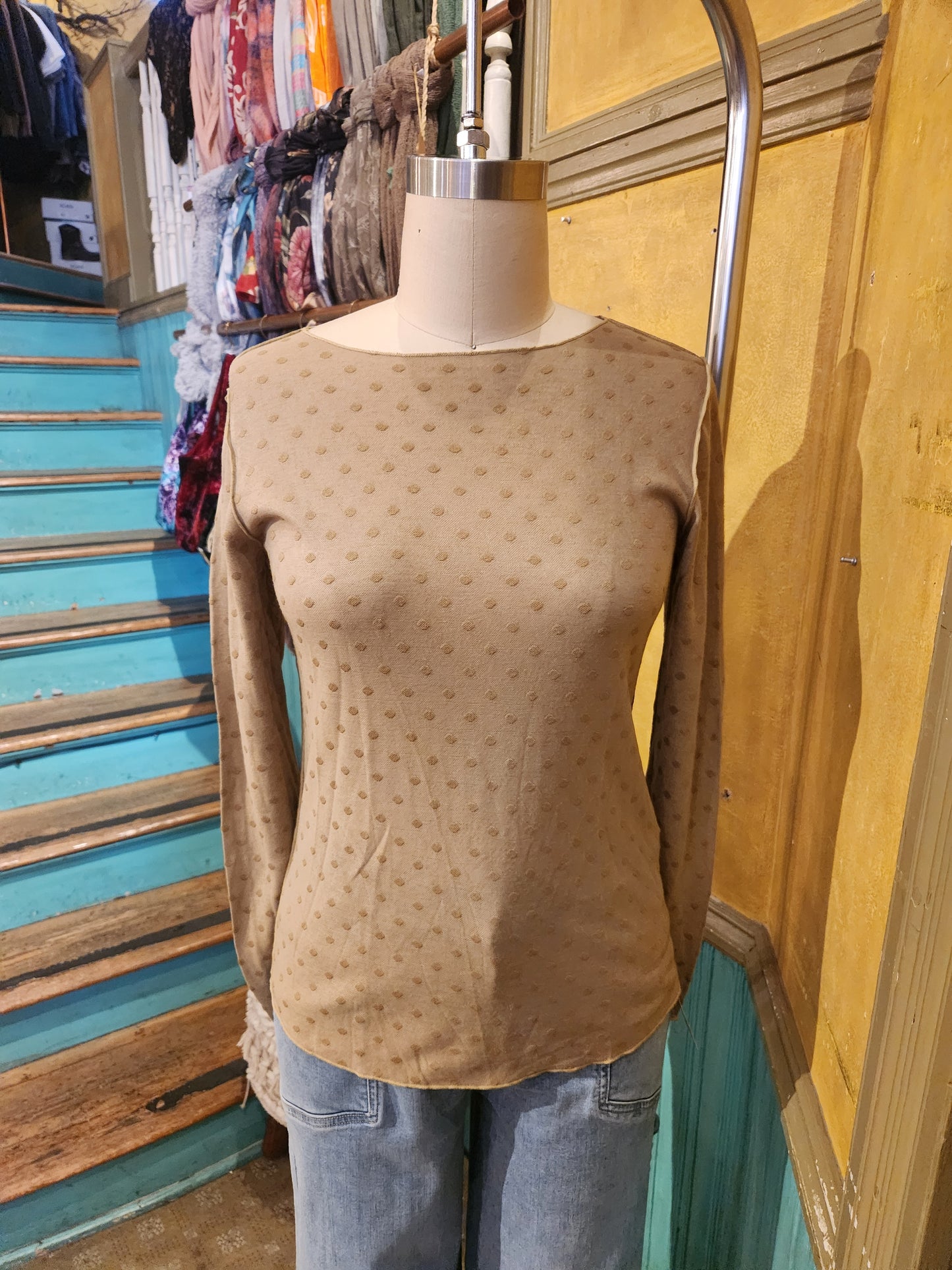 Polka dot mesh long sleeve-jicama