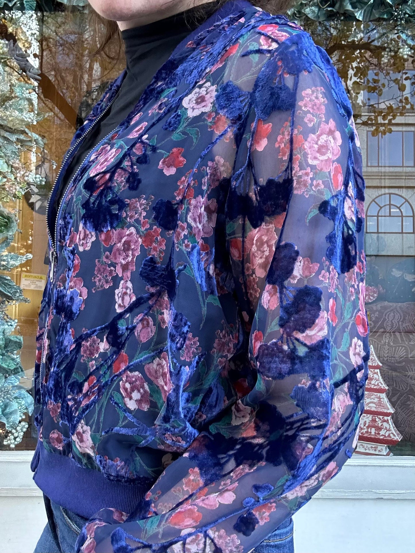 Blue Floral Velvet Sheer Bomber Jacket