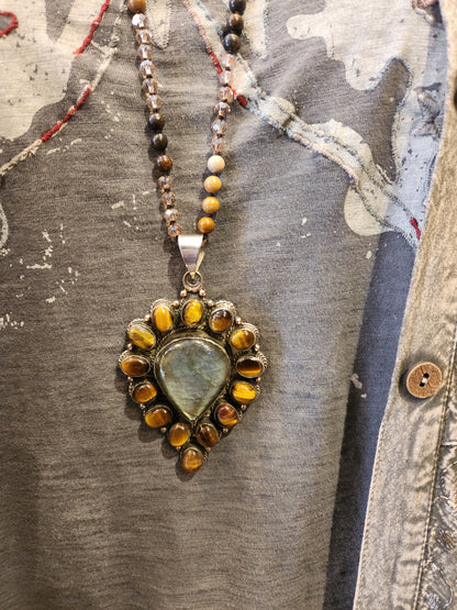 Labradorite and Tigers Eye Pendant with Mixed Stone Necklace
