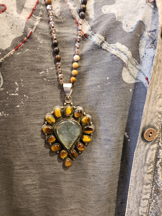 Labradorite and Tigers Eye Pendant with Mixed Stone Necklace