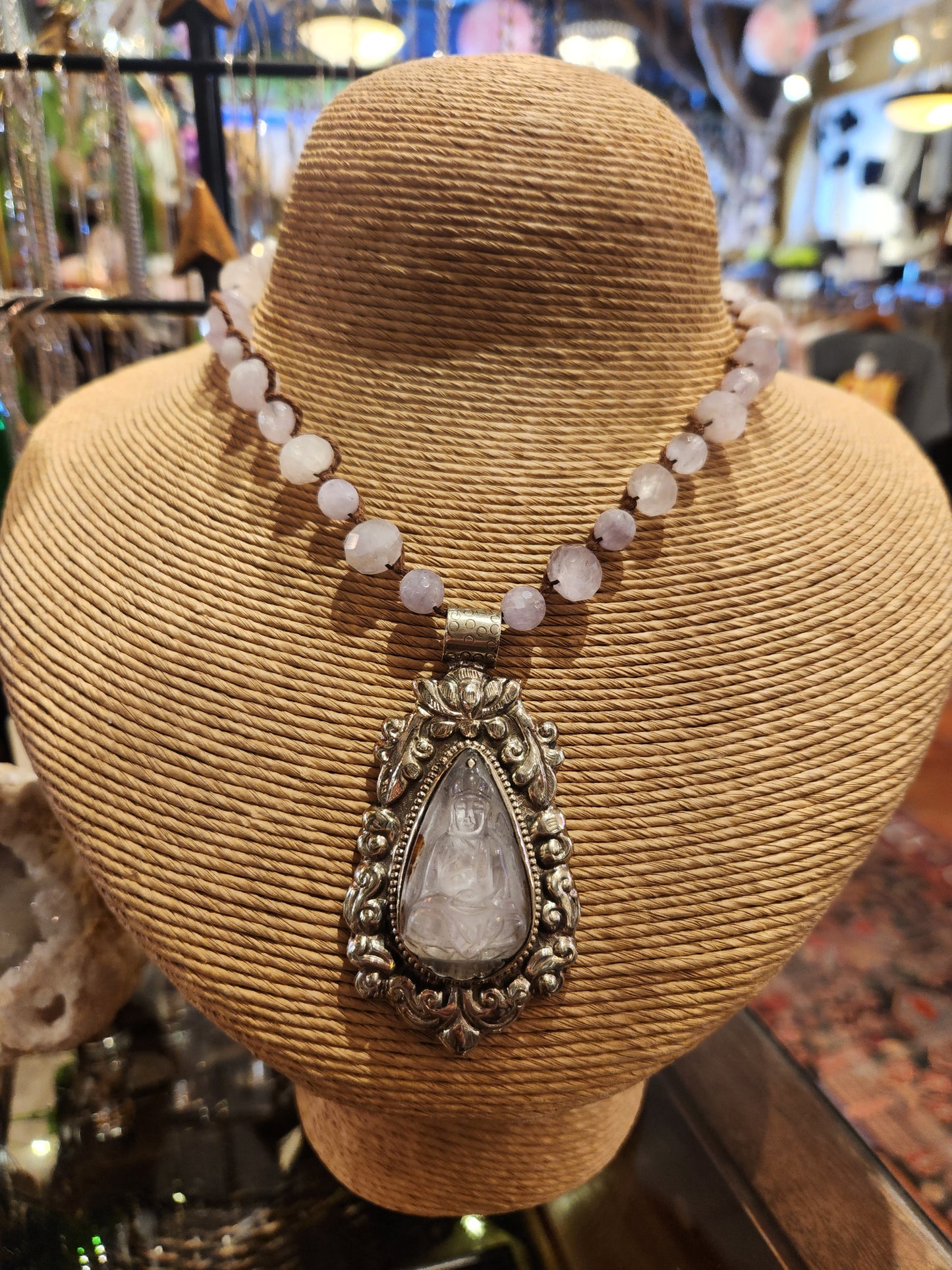 Quartz Carved Buddha Pendant with Rose Quartz Beaded Necklace