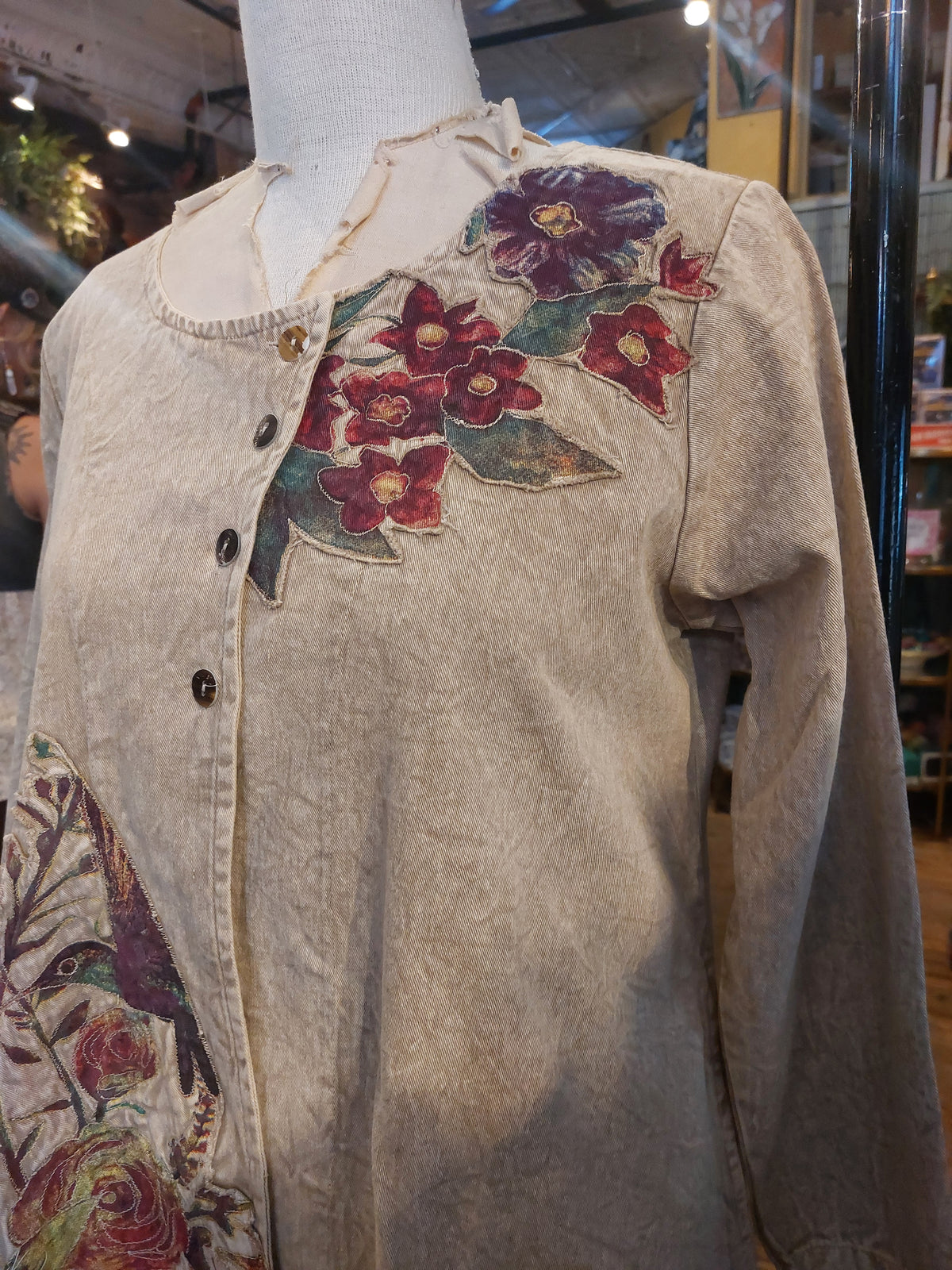 Khaki Asymmetric Jacket w/ Floral appliques