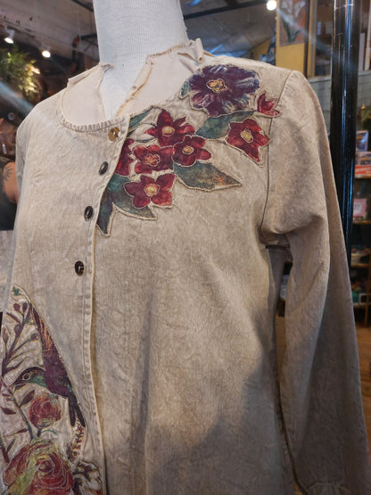 Khaki Asymmetric Jacket w/ Floral appliques