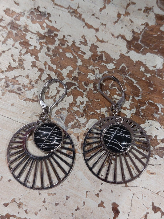 Real Spiderweb Silver Tone Sunburst Earrings