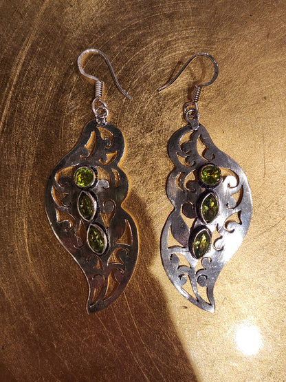 Green Crystal Leaf Dangle Earrings