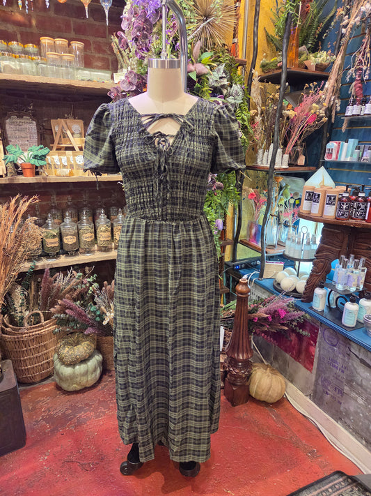 Green Check Shirred Bodice Tie Detail Midi Dress