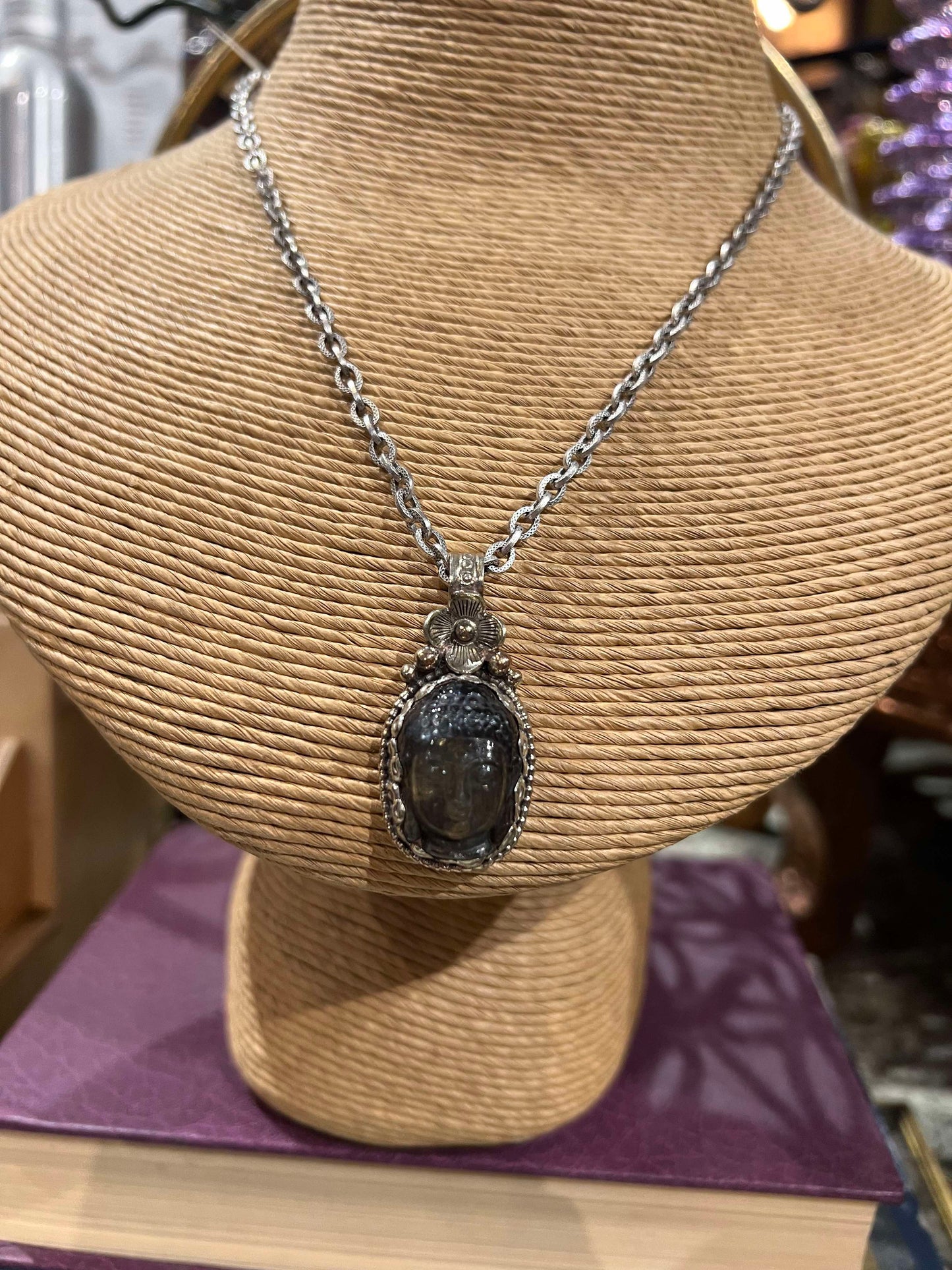 Tibetan Silver and Labradorite Buddha Necklace