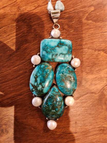 Turquoise Statement Pendant with Larimar Beaded Chain