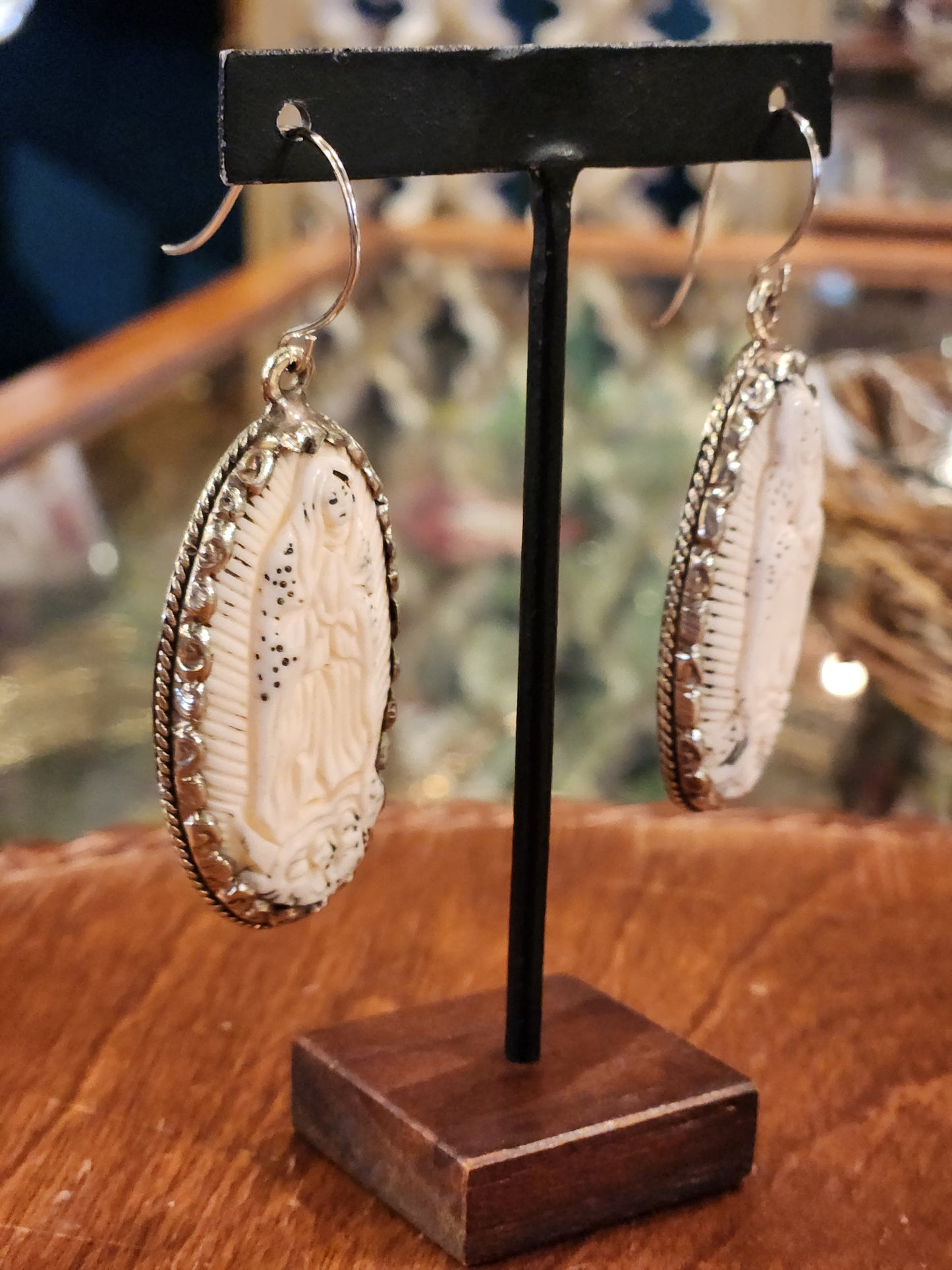 Mother Mary Carved Bone Earrings