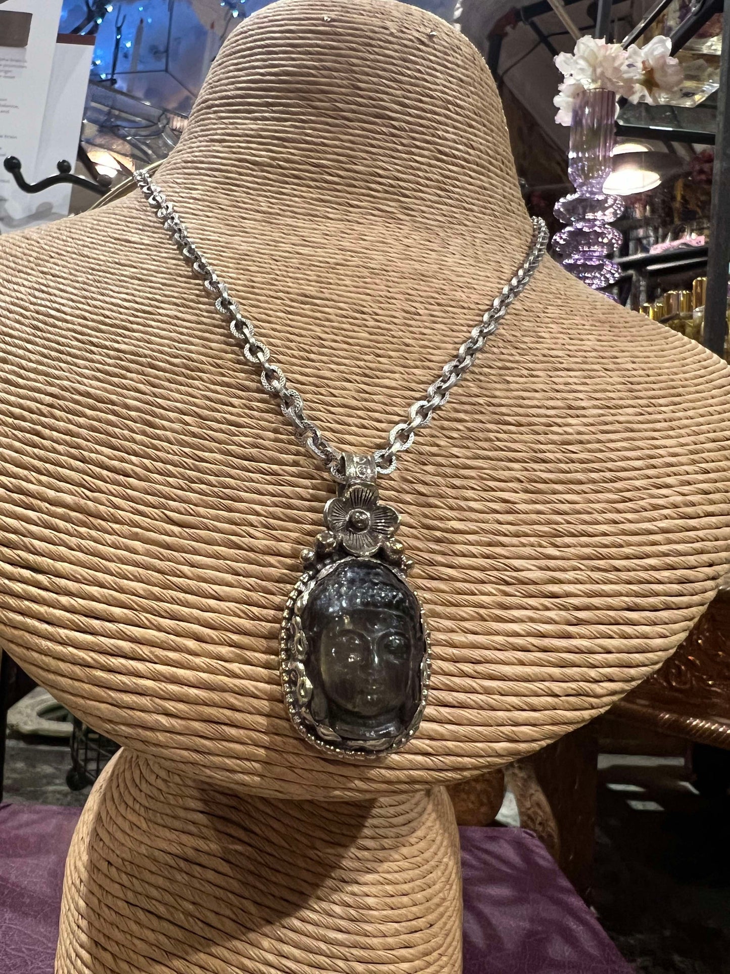 Tibetan Silver and Labradorite Buddha Necklace