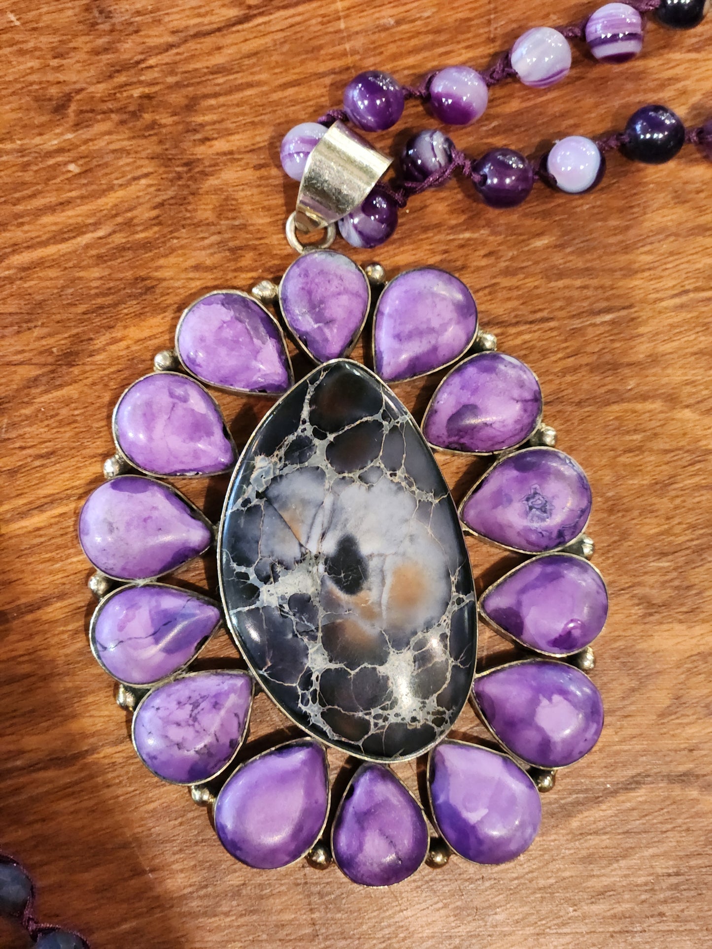 Sugilite and Jasper Statement Pendant with Agate Beaded Necklace
