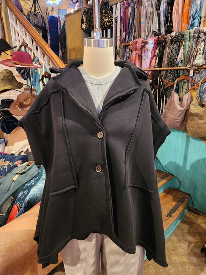 Short Sleeve Flare Hoodie - Black