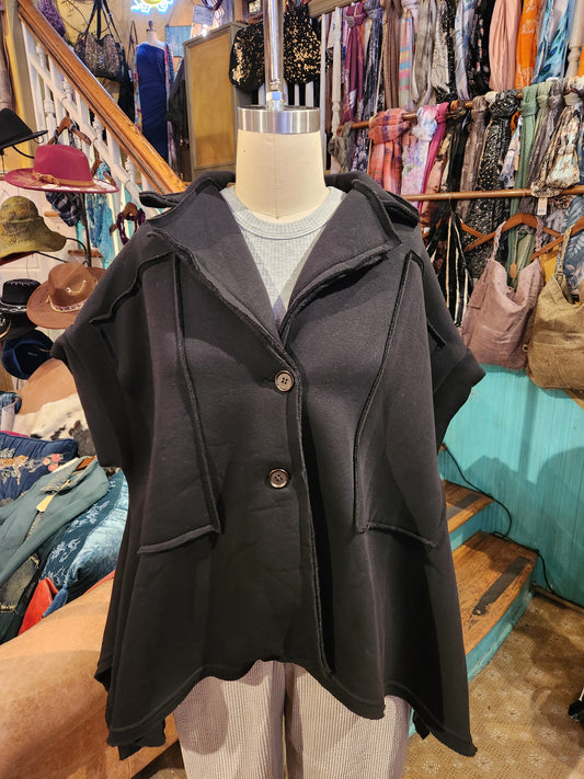 Short Sleeve Flare Hoodie - Black