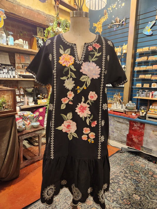 Naomi Flounce Embroidered Dress - Black