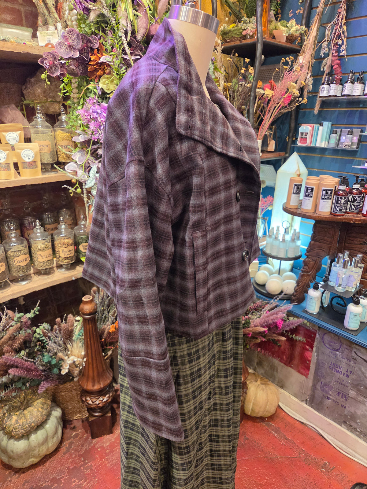 Brown/Blue Funnel Neck Short Coat
