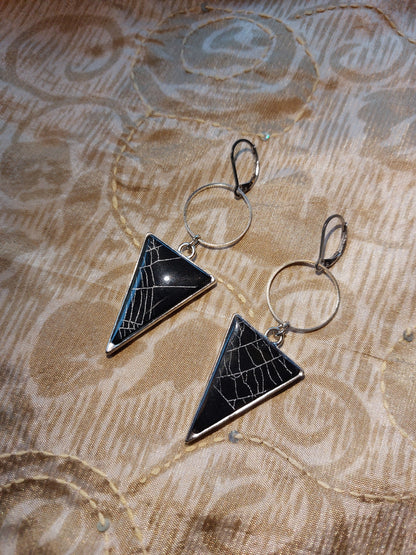 Real Spiderweb Silver tone Triangle Earrings - B