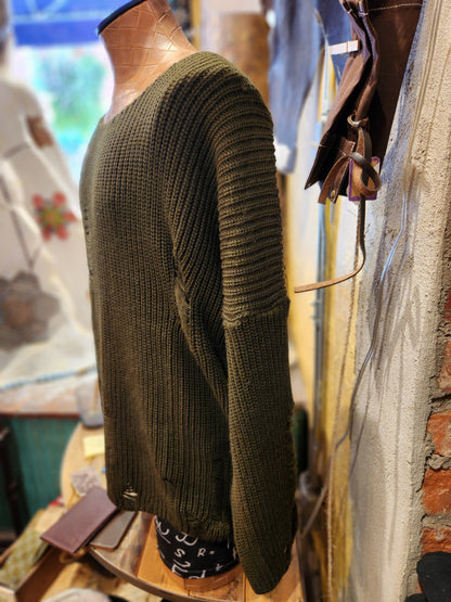 Men's Distressed Sweater - Khaki Green