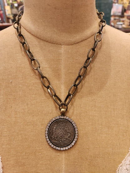 OOAK Vintage Coin Necklace with Rhinestone Frame