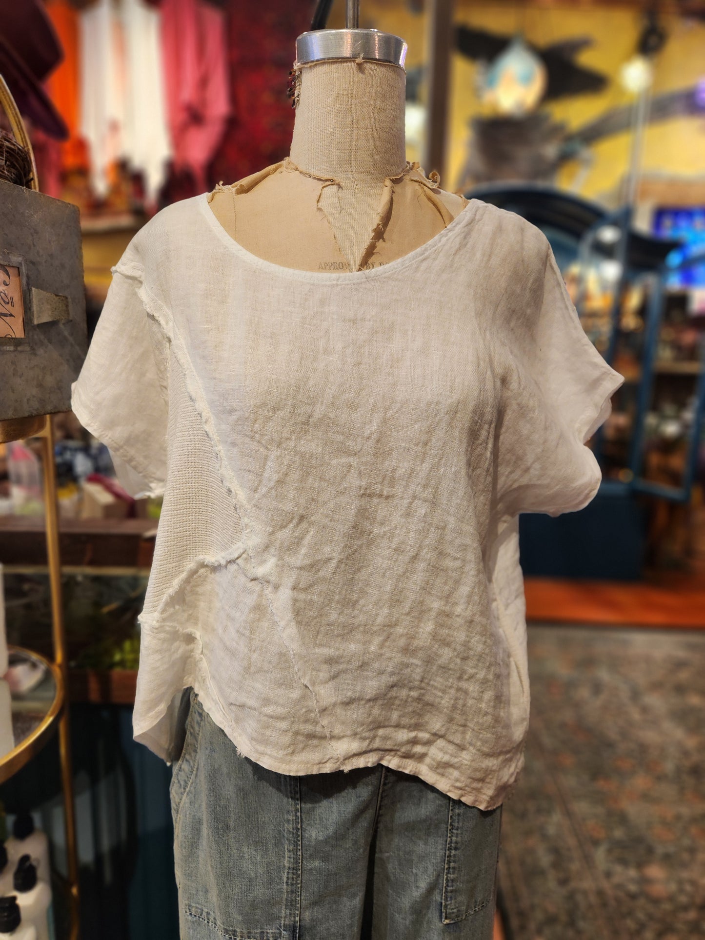 Wide Neck Frayed Linen Top