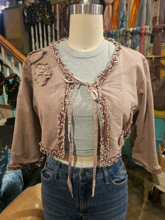 Short Jacket w/ Small Ruching & Hand Made Fabric Flowers - Brown